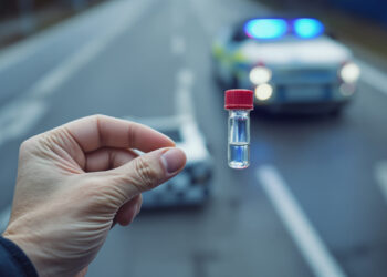 Polizeihand hält Blutproben-Röhrchen bei Verkehrskontrolle