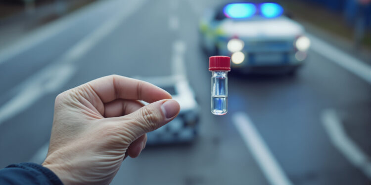 Polizeihand hält Blutproben-Röhrchen bei Verkehrskontrolle