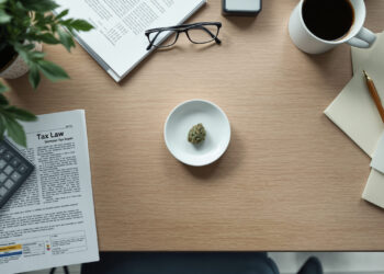 Schreibtisch mit Dokumenten, Taschenrechner und Cannabisblüte