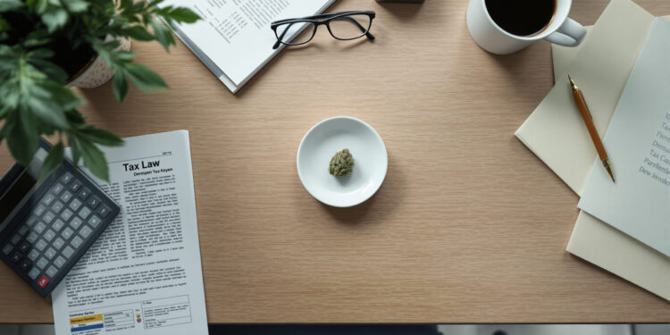 Schreibtisch mit Dokumenten, Taschenrechner und Cannabisblüte