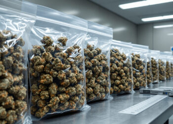 Sichergestelltes Cannabis in Beweismittelbeuteln auf Untersuchungstisch