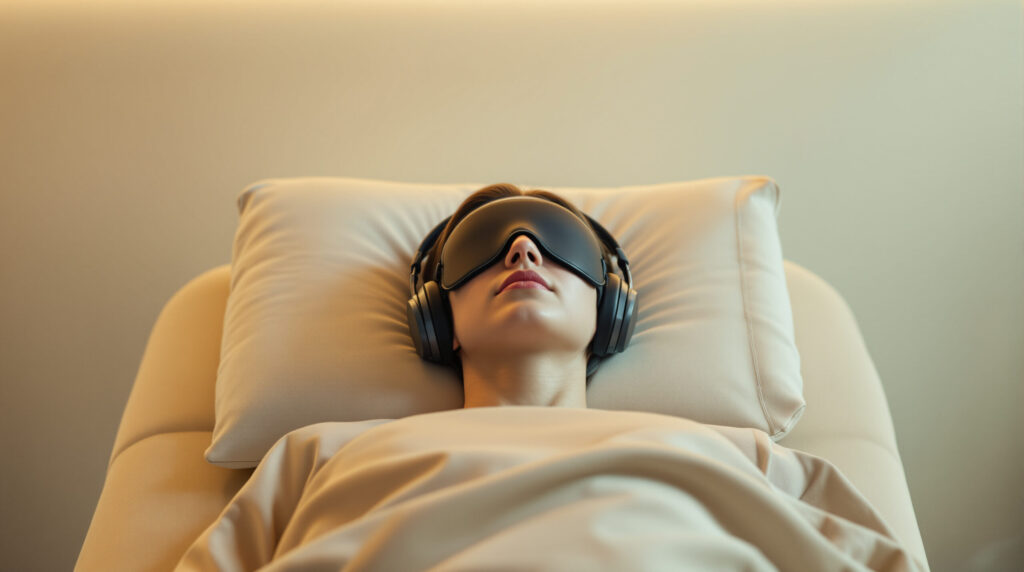 Studienteilnehmer mit Augenmaske und Kopfhörern auf einer Therapiecouch