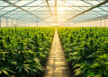 Reihen von Cannabispflanzen in einem hellen Gewächshaus im Abendlicht