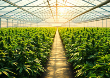 Reihen von Cannabispflanzen in einem hellen Gewächshaus im Abendlicht