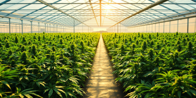 Reihen von Cannabispflanzen in einem hellen Gewächshaus im Abendlicht