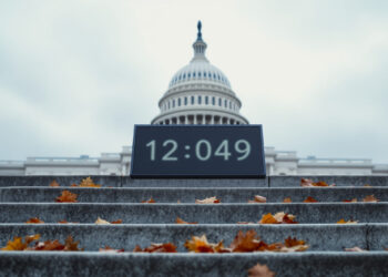 US-Kapitol mit unscharfem Kalender im Vordergrund, Herbstlaub auf den Stufen