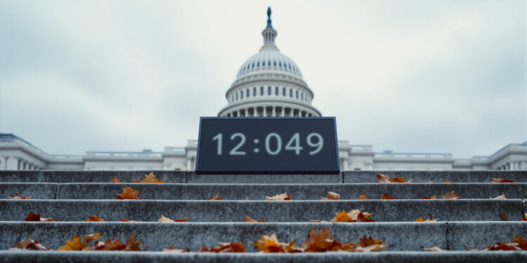 US-Kapitol mit unscharfem Kalender im Vordergrund, Herbstlaub auf den Stufen