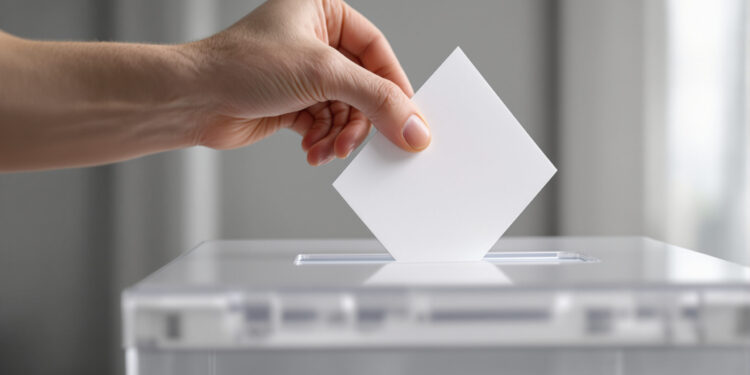 Wahlurne mit eingeworfener Stimmzettel bei Landtagswahl