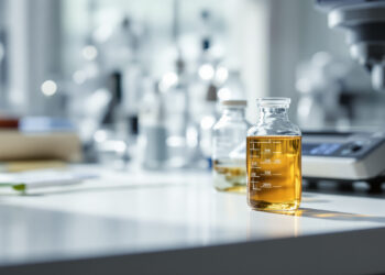 Zwei Glasfläschchen mit Cannabis-Extrakt auf einer Laborwaage
