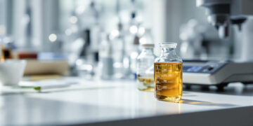 Zwei Glasfläschchen mit Cannabis-Extrakt auf einer Laborwaage