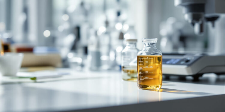 Zwei Glasfläschchen mit Cannabis-Extrakt auf einer Laborwaage