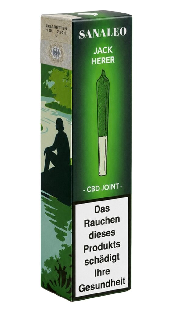 Verpackung eines CBD Joints mit deutscher Steuerbanderole und Warnhinweis