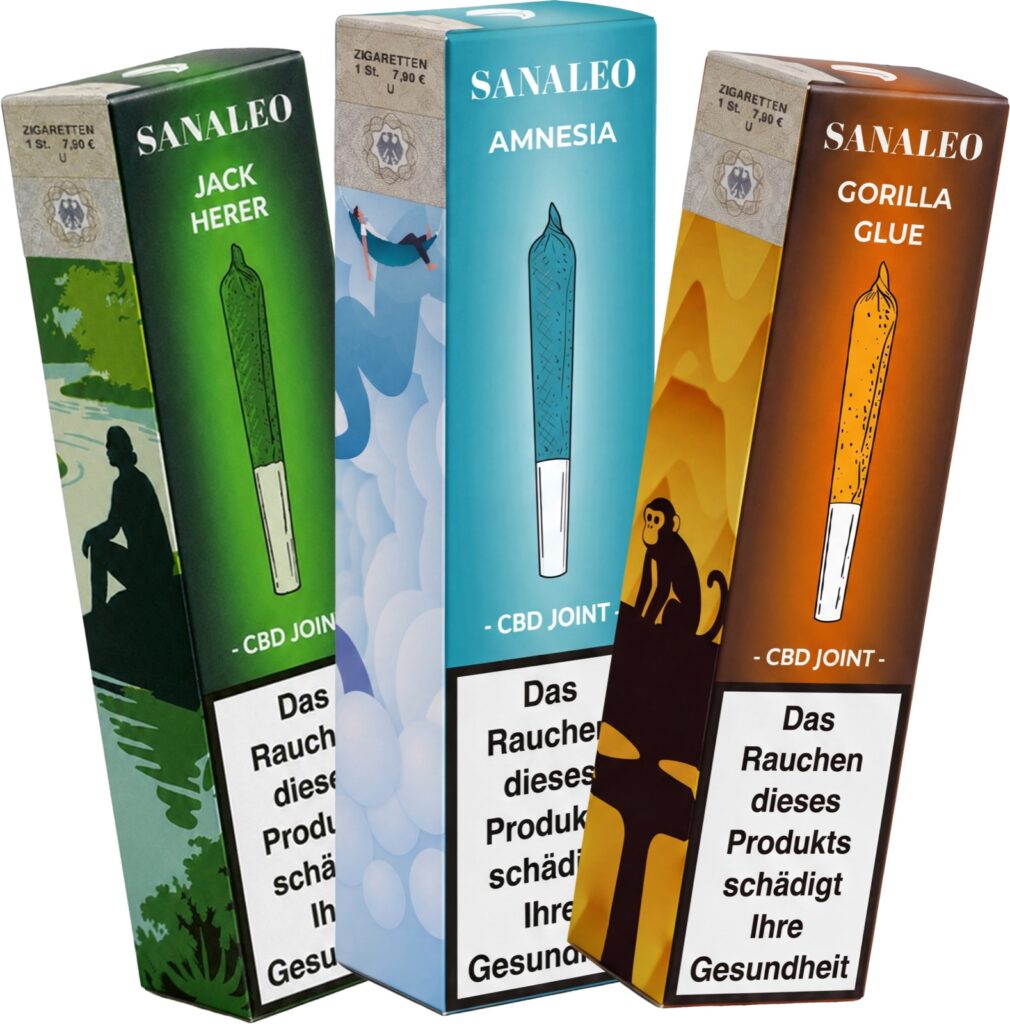 Mehrere Packungen CBD Joints faecherfoermig angeordnet, jeweils mit Steuerbanderole