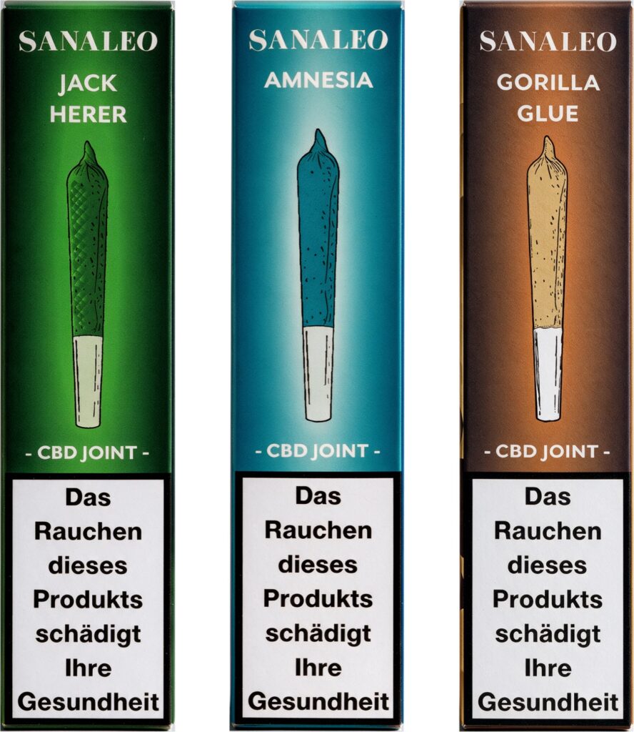 Drei Verpackungen der Sanaleo CBD Joints in den Sorten Jack Herer, Amnesia und Gorilla Glue