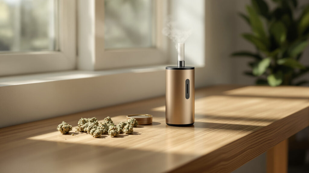 Hochwertiger Vaporizer auf Holztisch mit Cannabis-Blüten in natürlichem Licht