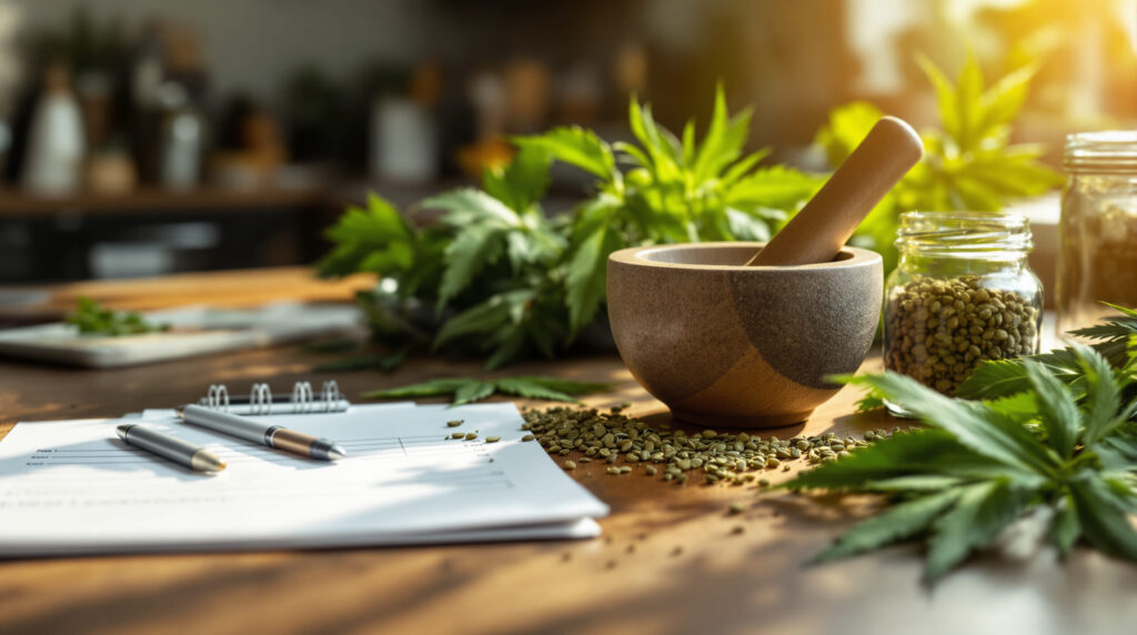 Küchenszene mit Hanfblättern, Hanfsamen und Rezeptblock auf Holzoberfläche