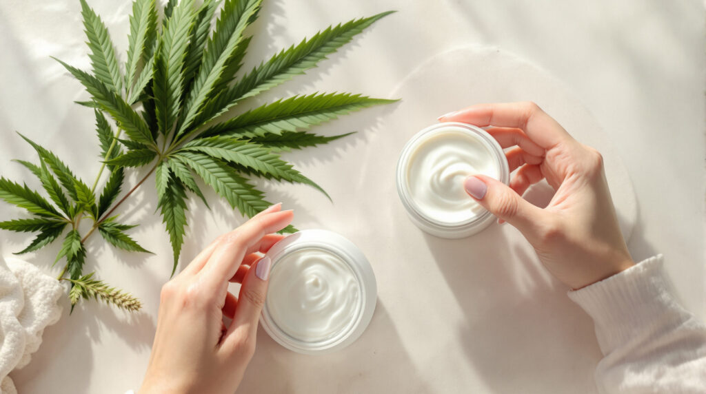 Natürliche Hautpflege mit Hanf: Creme und Hanfblätter auf Steinoberfläche