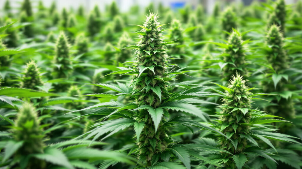 Verschiedene Cannabis-Genetiken in der Blütephase unter natürlichem Licht