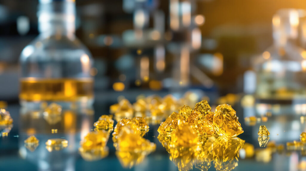 Goldene Cannabis-Konzentrate und Extrakte auf Glasoberfläche in professionellem Labor