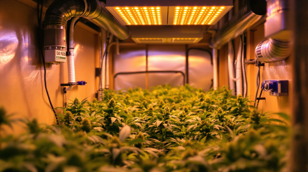 Professioneller Indoor-Growroom mit LED-Beleuchtung, Belüftungssystem und Cannabis-Pflanzen in der Vegetationsphase