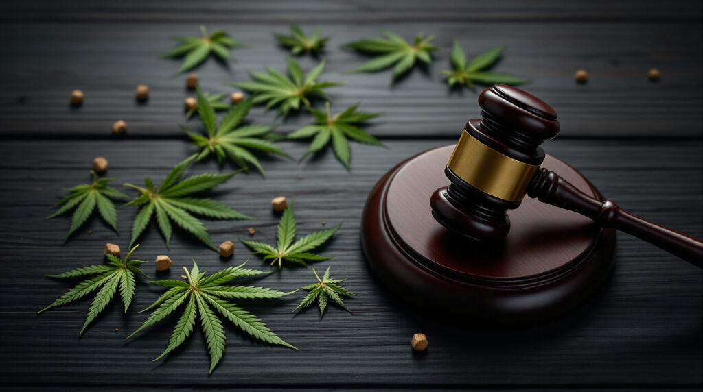 Richterhammer neben Cannabis-Blättern als Symbol für Drogenverbote und Prohibition