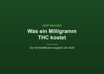 Grafik des Hanf Magazins mit dem Titel Was ein Milligramm THC kostet und dem Zusatz Der Wirkstoffkostenvergleich der ACM