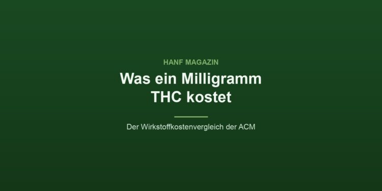 Grafik des Hanf Magazins mit dem Titel Was ein Milligramm THC kostet und dem Zusatz Der Wirkstoffkostenvergleich der ACM