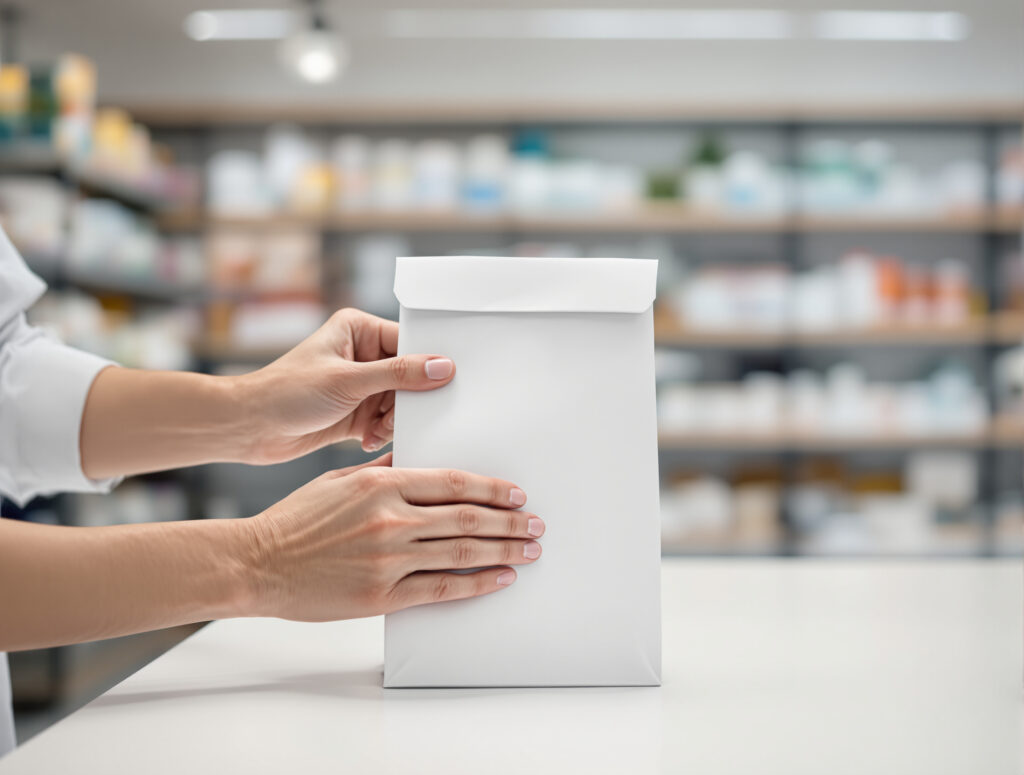Apotheker-Hände legen Papiertüte auf Tresen aus Kundensicht