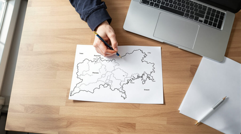 Arbeitsplatz mit Karte und Notizen zur Studienplanung