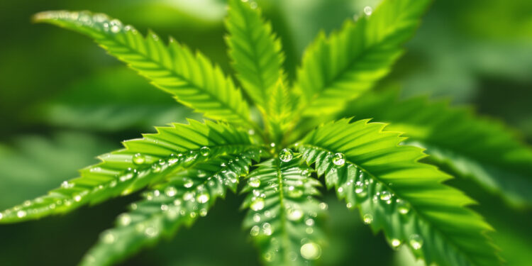 Cannabisblätter mit Wassertropfen in natürlichem Licht
