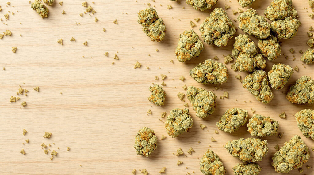 Getrocknete Cannabis-Blüten auf hellem Holzuntergrund