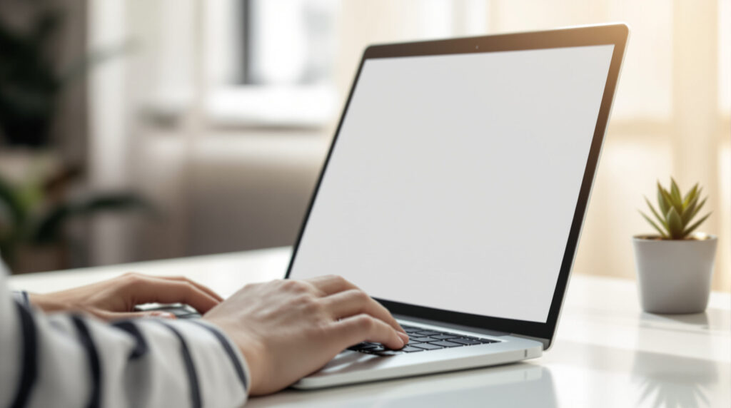 Hände tippen auf Laptop-Tastatur in hellem Home-Office