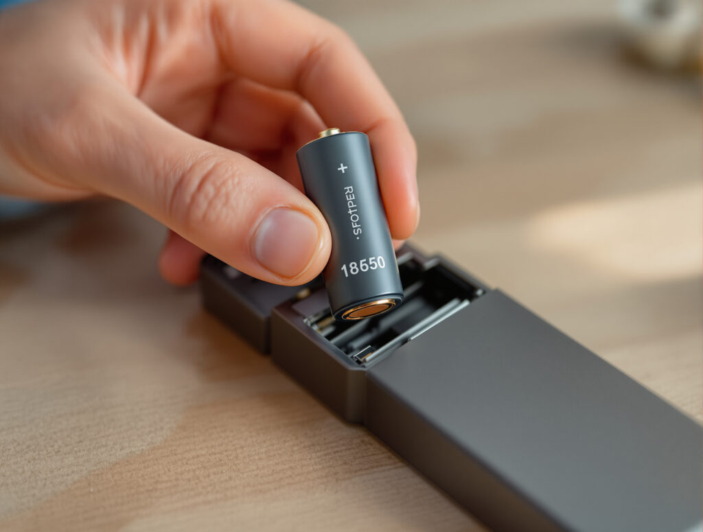 Hand hält wechselbaren Vaporizer-Akku neben geöffnetem Gerät
