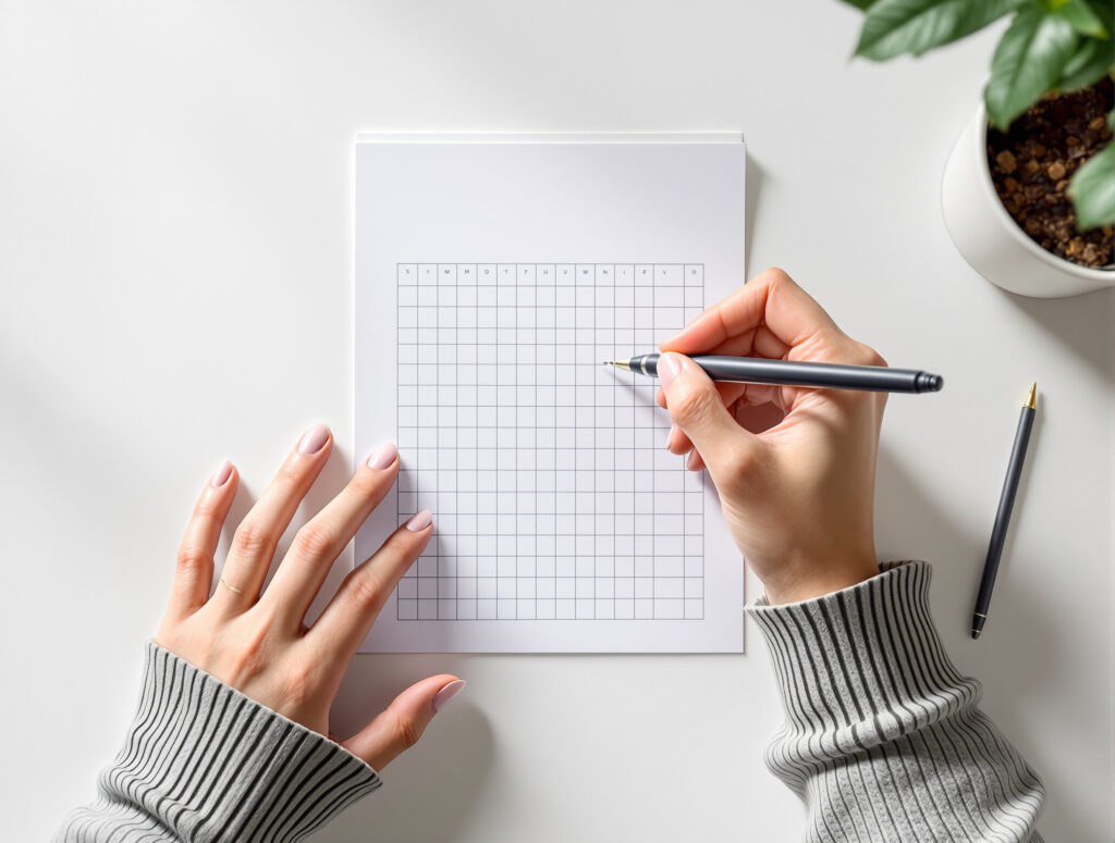 Hand mit Stift über leerem Schmerztagebuch-Raster auf Tisch