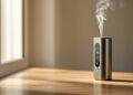 Hochwertiger Kräuter-Vaporizer auf Holzoberfläche mit Dampf
