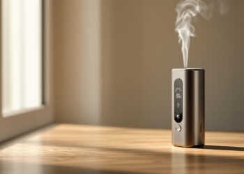 Hochwertiger Kräuter-Vaporizer auf Holzoberfläche mit Dampf