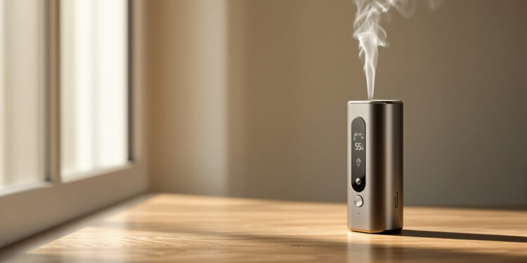 Hochwertiger Kräuter-Vaporizer auf Holzoberfläche mit Dampf