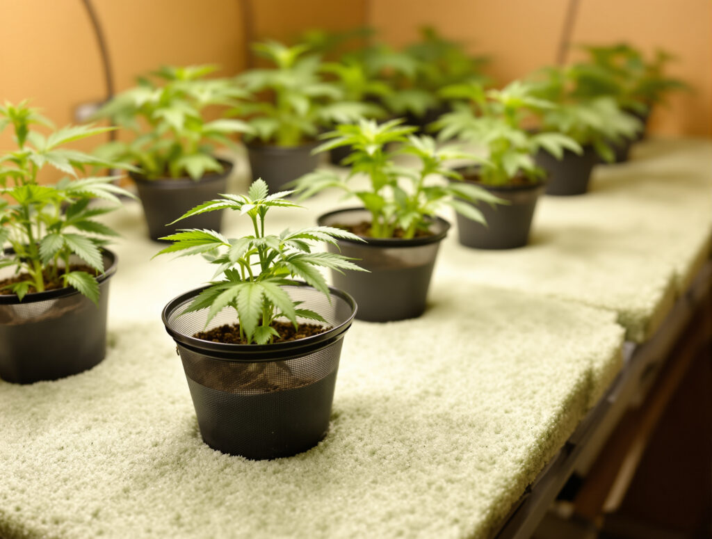 Junge Cannabis-Setzlinge auf Steinwolle-Substrat in hydroponischer Aufzucht