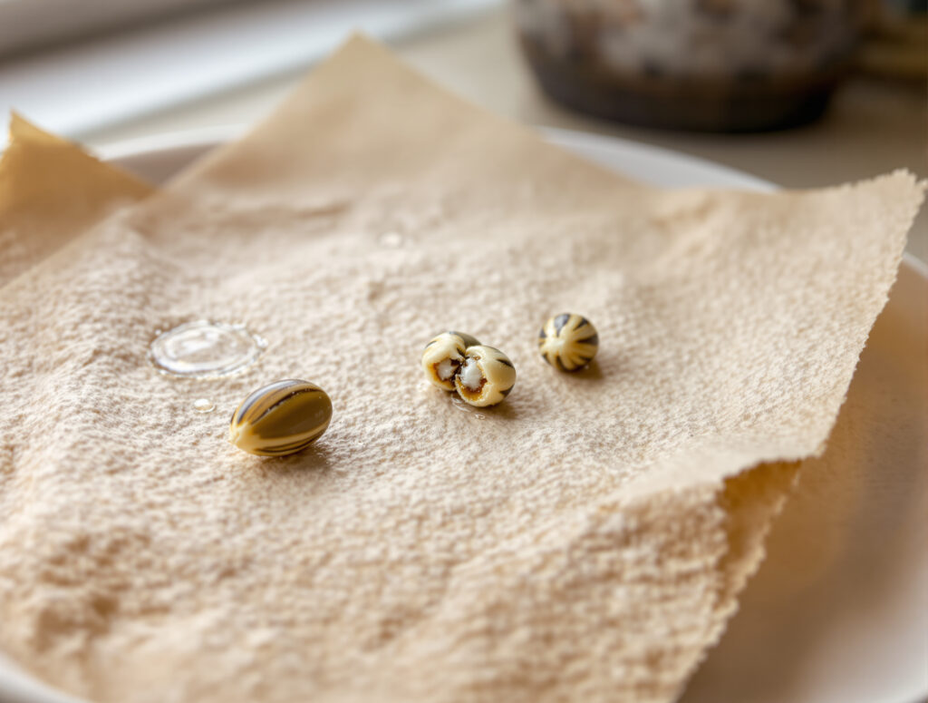 Test di germinazione: semi di cannabis su carta da cucina umida con radichetta che emerge