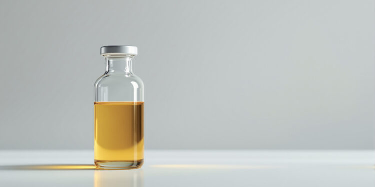 Klare Laborflasche mit MCT-Öl auf neutralem Hintergrund