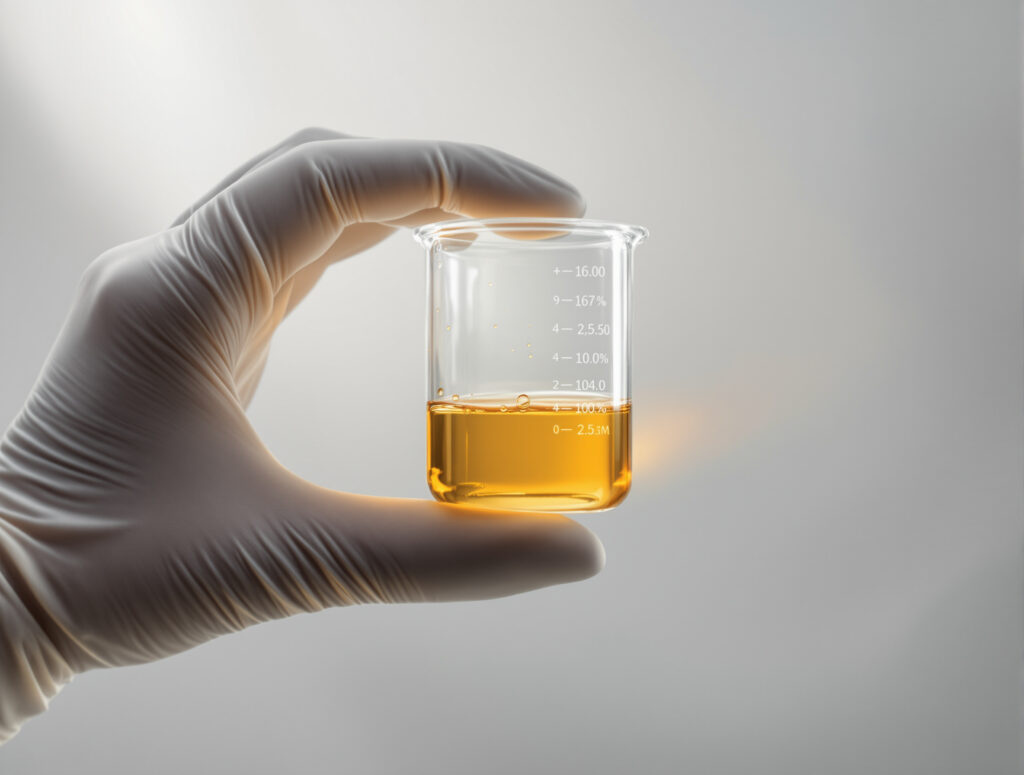 Laborglas mit Cannabisöl vor neutralem Hintergrund, wissenschaftlich präzise