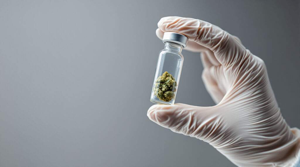 Laborhand hält Probenglas mit Cannabis zur wissenschaftlichen Untersuchung