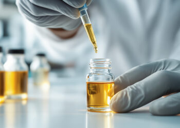 Laborhand pipettiert Cannabisextrakt in Glasfläschchen unter Tageslicht