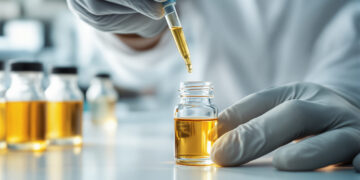 Laborhand pipettiert Cannabisextrakt in Glasfläschchen unter Tageslicht