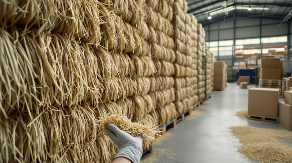 Lagerraum einer Hanfverarbeitungsanlage mit Faserballen auf Holzpaletten