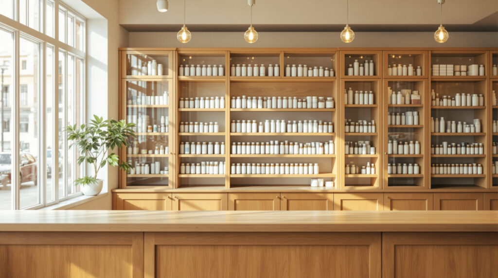 Leere Apotheke mit traditionellen Holzregalen bei Tageslicht