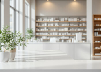 Leere Apothekentheke in hellem Tageslicht