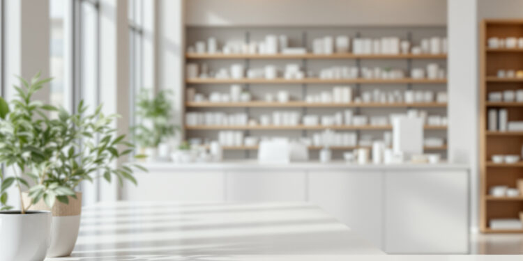 Leere Apothekentheke in hellem Tageslicht