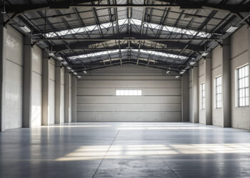 Leere Industriehalle mit Betonboden und Tageslicht durch große Fenster