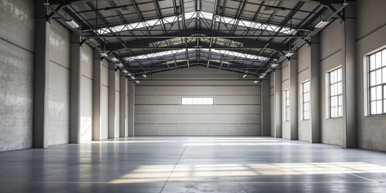 Leere Industriehalle mit Betonboden und Tageslicht durch große Fenster